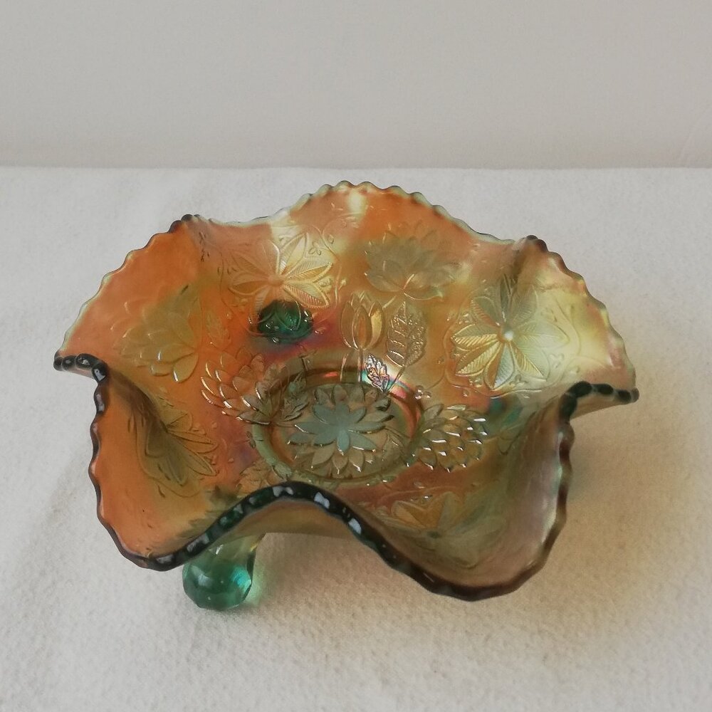 Fenton Carnival Marigold Glass Ruffled Green Footed Candy Dish